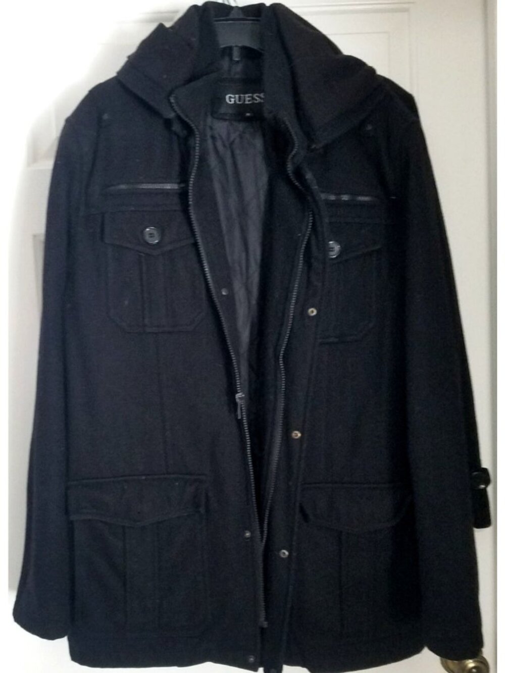 Guess Mens Black Wool Blend Peacoat Jacket Hooded Size XL Lined Zip Hooded